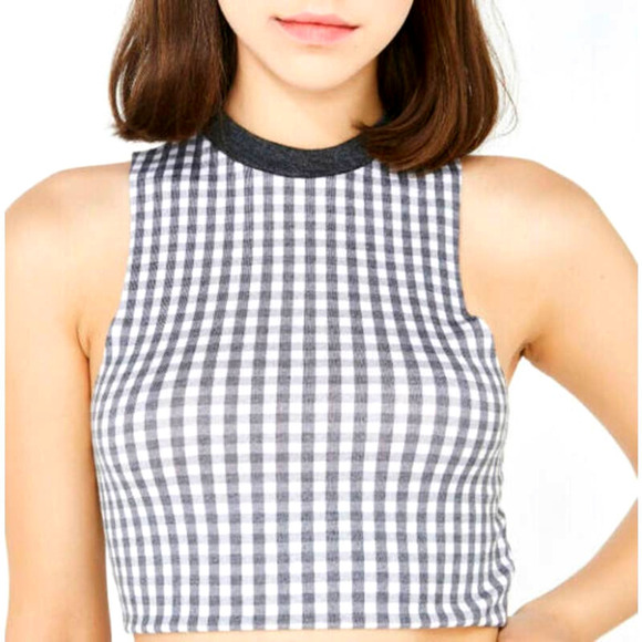 Wildfox Gray White Gingham Cropped Fountain Top Slim Fit Sleeveless Tank NWT - Picture 2 of 8